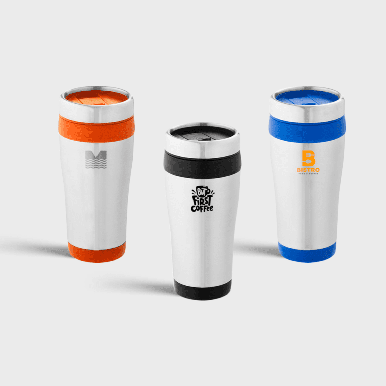 Zilveren geÃ¯soleerde thermosbeker met gekleurde accenten