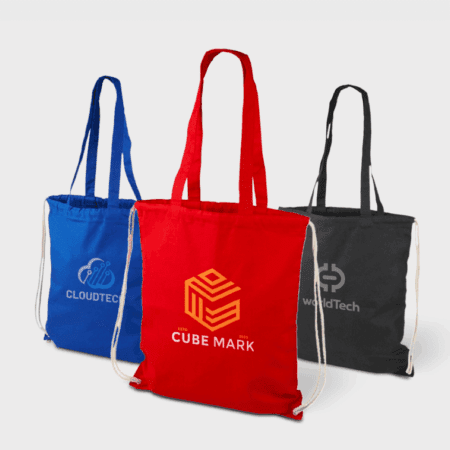 Multifunctionele katoenen tas met lange hengels en trekkoord