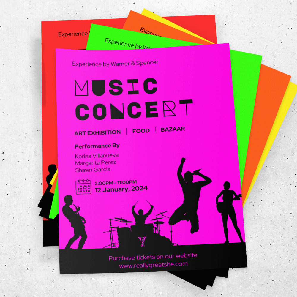 Poster met neontekst voor een muziekvoorstelling in het theater.